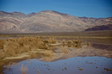desert landscape with lake and mountains