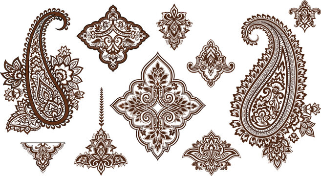Traditional ethnic vector set featuring intricate paisley patterns and floral mandalas in brown and white for decorative textile wallpaper and stationary designs.