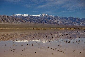 snowcapped mountains reflected in the desert lake