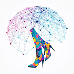 Vibrant colorful retro style boots with umbrella on white background 
