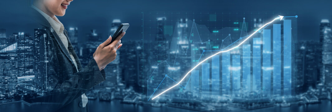 Business professional analyzing smartphone data trends against a futuristic city skyline with financial graphs illuminated at night Impute. - Powered by Adobe