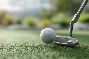 Closeup view of a golf ball in motion being struck by a putter on a vibrant green putting green during daylight