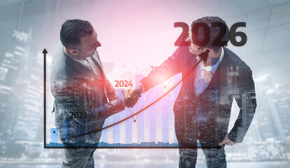 A professional handshake symbolizes a strong business partnership, with a futuristic graph...