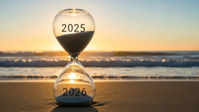 Hourglass on beach with 2025 and 2026 at sunset sand timer