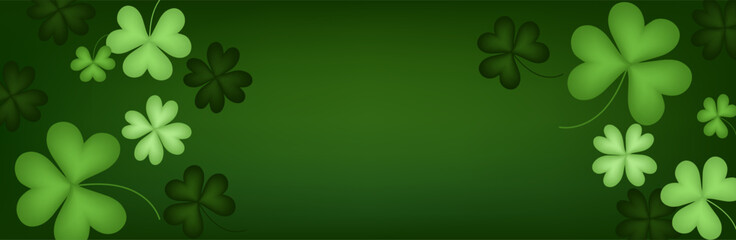 Happy St Patrick's Day concept. Greeting card design with four leaf clovers and gold coins on green background.