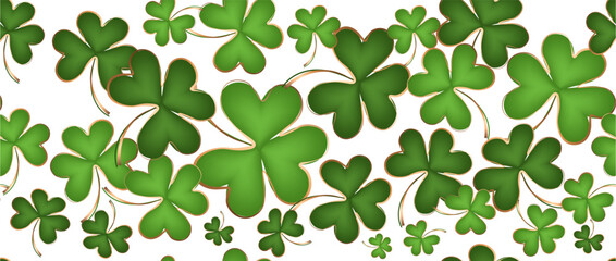 Happy St Patrick's Day concept. Greeting card design with four leaf clovers and gold coins on green background.