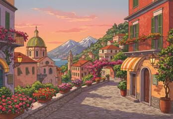 Picturesque italian village street view with colorful houses and blooming flowers along a cobblestone path, overlooking a lake and mountains, for travel brochure or postcard.