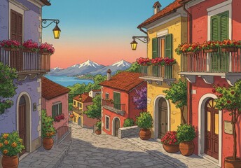 Colorful cartoon village street with houses and mountains overlooking a lake, a picturesque european town landscape illustration for travel background or postcard design.