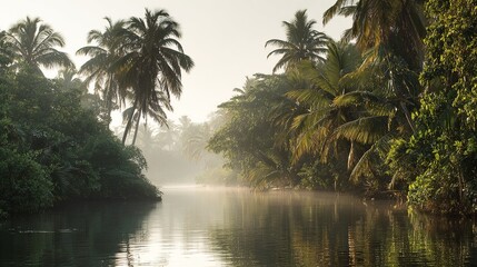 Misty morning on a tropical river surrounded by lush palm trees and dense jungle foliage