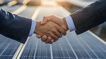 Business agreement concept hands shaking over solar panel model renewable partnership and trust theme