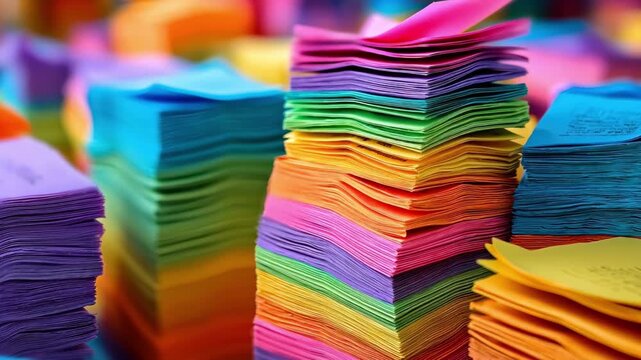 Medium shot of glossy premium paper sheets stacked to showcase vibrant color depth and smooth finish perfect for upscale invitations and brochures.