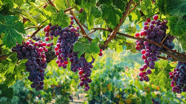 Ripe purple grapes hanging from a lush green vine in a sun-drenched vineyard - Powered by Adobe