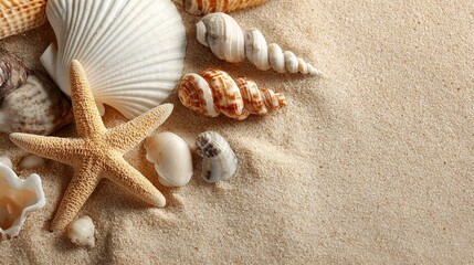 A collection of beautiful seashells and a starfish resting peacefully on golden beach sand
