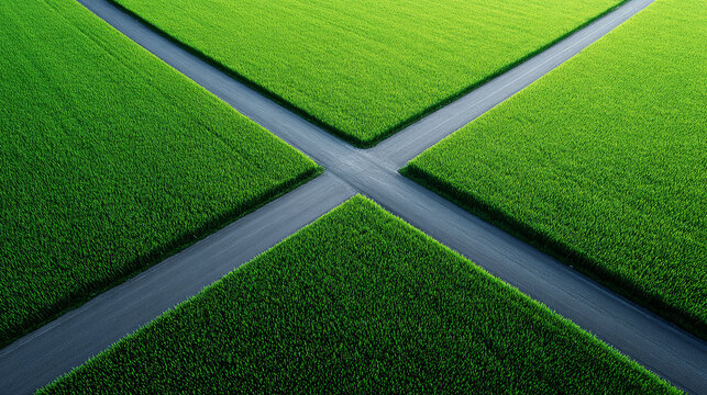Roads intersecting lush green fields creating an X shape, symbolizing choice and direction in nature