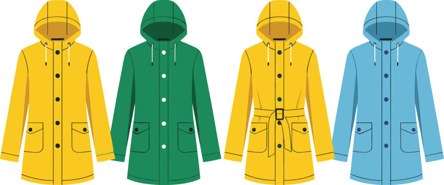 Colorful waterproof raincoat vector set featuring yellow green and blue hooded rain jackets with buttons and pockets for autumn and wet weather apparel.
