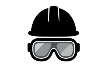 Personal protective equipment icon featuring a hard hat and safety goggles, representing on-site worker safety and protection