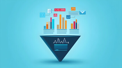 Digital marketing sales funnel analysis with bar charts and analytics icons on blue