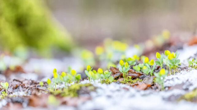 Yellow winter aconite flowers and green shoots emerging through melting snow on forest floor, new spring life growing