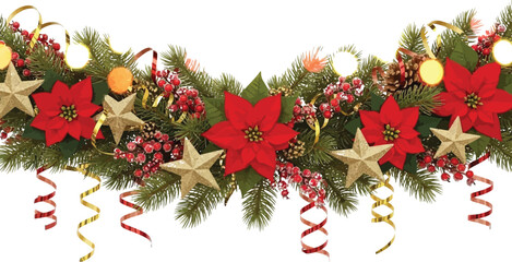 Vibrant Christmas Garland with Poinsettias and Stars Decoration