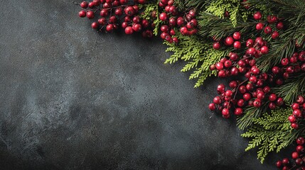 Festive christmas border with vibrant red berries and evergreen on a dark background