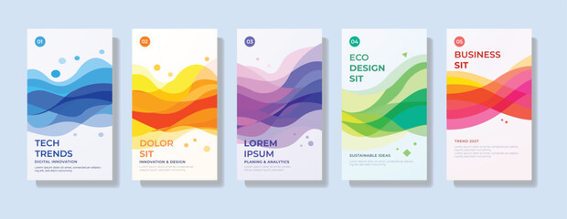 Modern themed poster layout set with flowing wave shapes and clean typography designed for technology trends, business concepts, eco design visuals and contemporary presentation covers © Mofassal