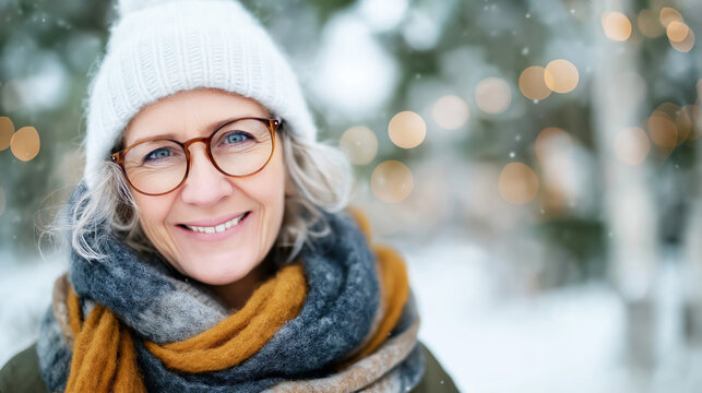 Mature woman smiling in a winter landscape wearing a warm hat, scarf and glasses, enjoying the snow