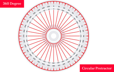360 Degree Circular Protractor Diagram for Geometry, illustration of a full circle 360-degree protractor