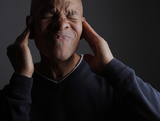 deafness suffering from deafness and hearing loss Senior man cupping his ear having difficulty hearing on gray background with people stock photo stock image