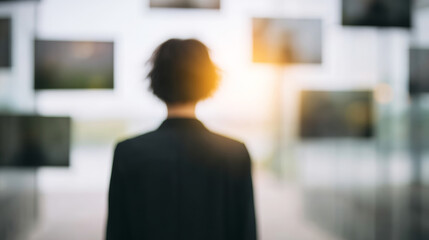Person walking towards light, surrounded by abstract digital screens, representing future data connection and blurred reality