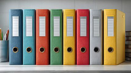 A color-coded file organization system displayed symmetrically on a minimalist desk.