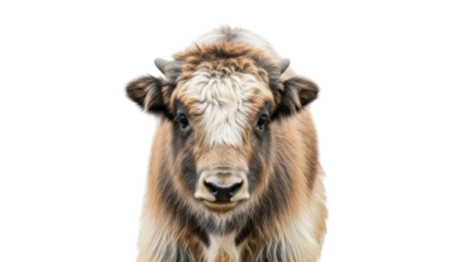 Arctic Muskox young animal portrait with long brown shaggy fur isolated PNG with Transparent Background