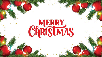 Merry Christmas Card with Ornaments and Pine Branches