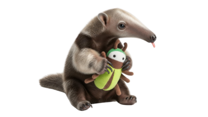 Realistic Giant Anteater Plush Toy Holding a Stuffed Green Insect isolated PNG with Transparent Background