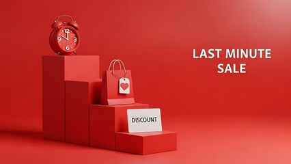 Urgent Last Minute Sale concept with red alarm clock, shopping bag, and discount card on a stepped geometric podium