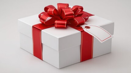 An elegant white gift box adorned with a festive red ribbon and a decorative bow, featuring a blank tag