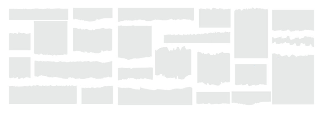 Set of white ripped paper strips. Realistic torn notebook paper pieces collection. Sticky notes pack. Vector illustration.