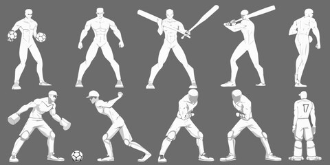 Baseball player poses dynamic action and form studies in white silhouette