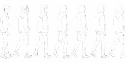 Sketch of a person in multiple poses wearing a hoodie and cap