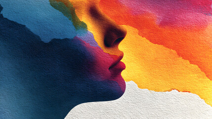 Abstract watercolor silhouette exploring mental health and emotional well-being concepts. Horizontal banner. Copy space. Watercolor illustration. Stress Awareness Day