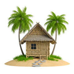 Tropical Beach Hut with Palm Trees.