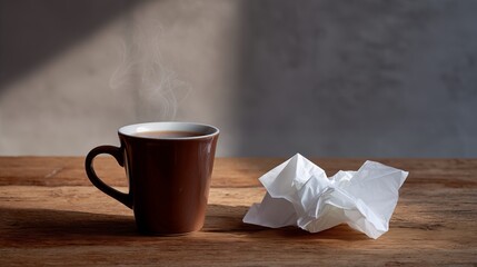 Coffee mug with crumpled paper on wooden table symbolizing frustration and creative block
