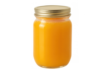 Fresh orange juice in a clear glass mason jar with a golden lid, providing a healthy drink option, transparent background