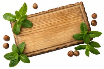Rustic wooden chopping board adorned with fresh mint sprigs and whole hazelnuts, perfect for culinary inspiration and food presentation
