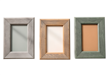 A charming collection of three empty wooden picture frames, showcasing natural textures and muted earthy tones, offering versatile options for displaying cherished memories and enhancing home decor