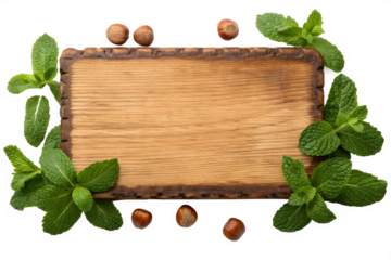 Wooden Plank With Hazelnuts And Mint Leaves In A Decorative Border, Perfect For Food And Drink Related Themes