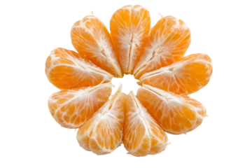Vibrant, juicy, freshly peeled tangerine segments, symmetrically arranged in a perfect circular, flower-like pattern, highlighting healthy citrus fruit, isolated on white