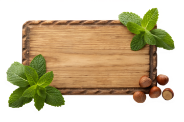 Rustic wooden sign adorned with fresh mint leaves and a scattering of hazelnuts, perfect for showcasing food, recipes, or natural product promotions