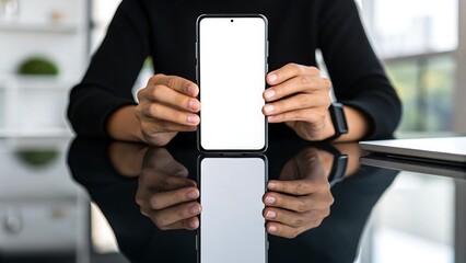 Person holding innovative foldable smartphone with blank screen in modern office