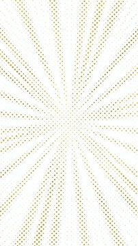 Rotating golden halftone, pop art, starburst. Animated sunburst of gold dotted lines. Vertical video. Asset for overlay, montage, texture and social media.	