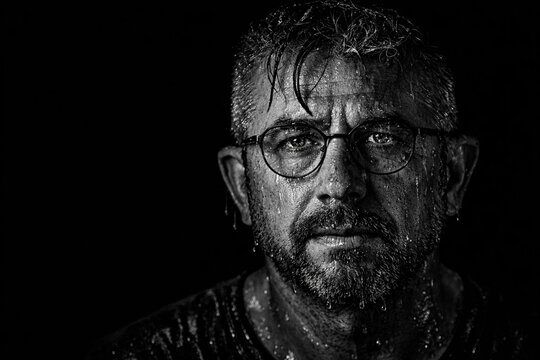 Mature man with glasses, drenched in water, gazes intensely at the camera, showcasing emotions and resilience in a dramatic black and white portrait